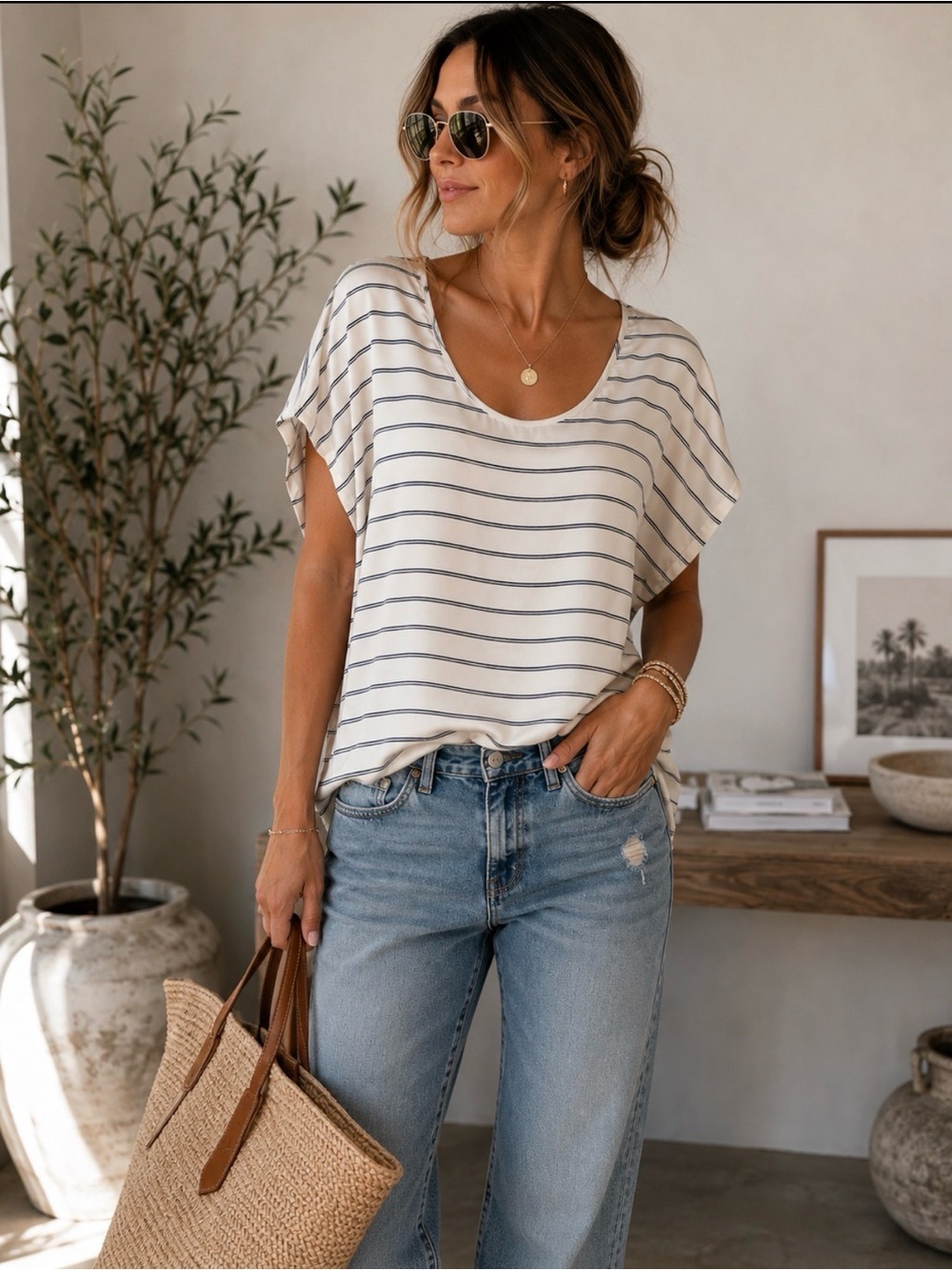 Joie 100% Silk Ivory Navy Stripe Dolman Sleeve Blouse Top Medium